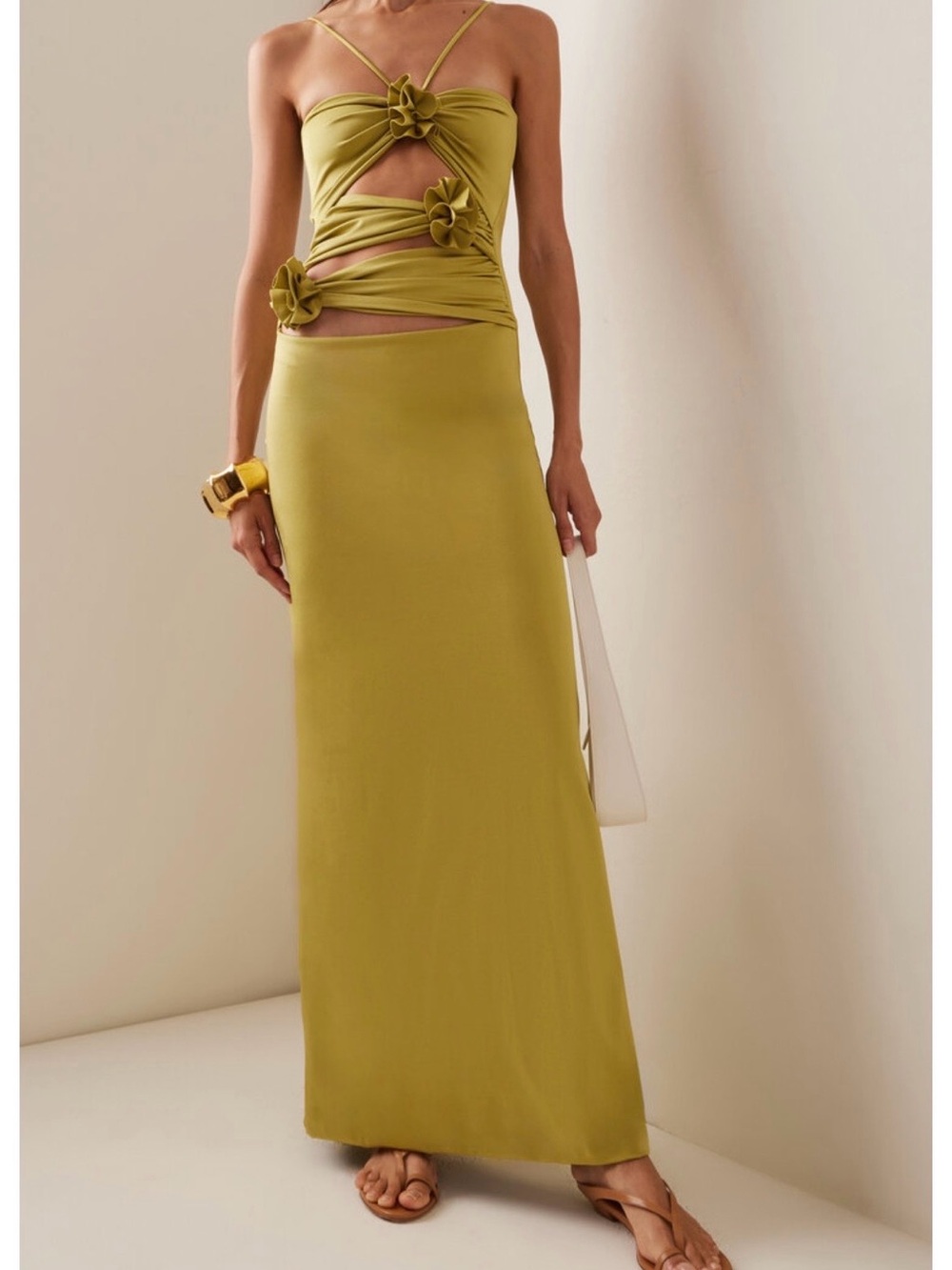 MAYGEL CORONEL Olive Green Cutout Maxi Dress with Floral Knot Details